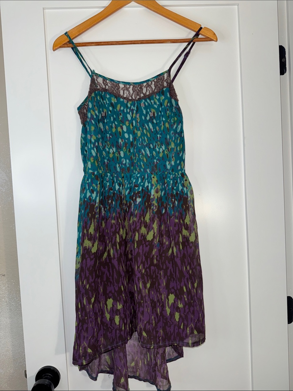 Pinky- Teal and Green Printed lace Midi Dress Sz S Y2K 90s High low dress